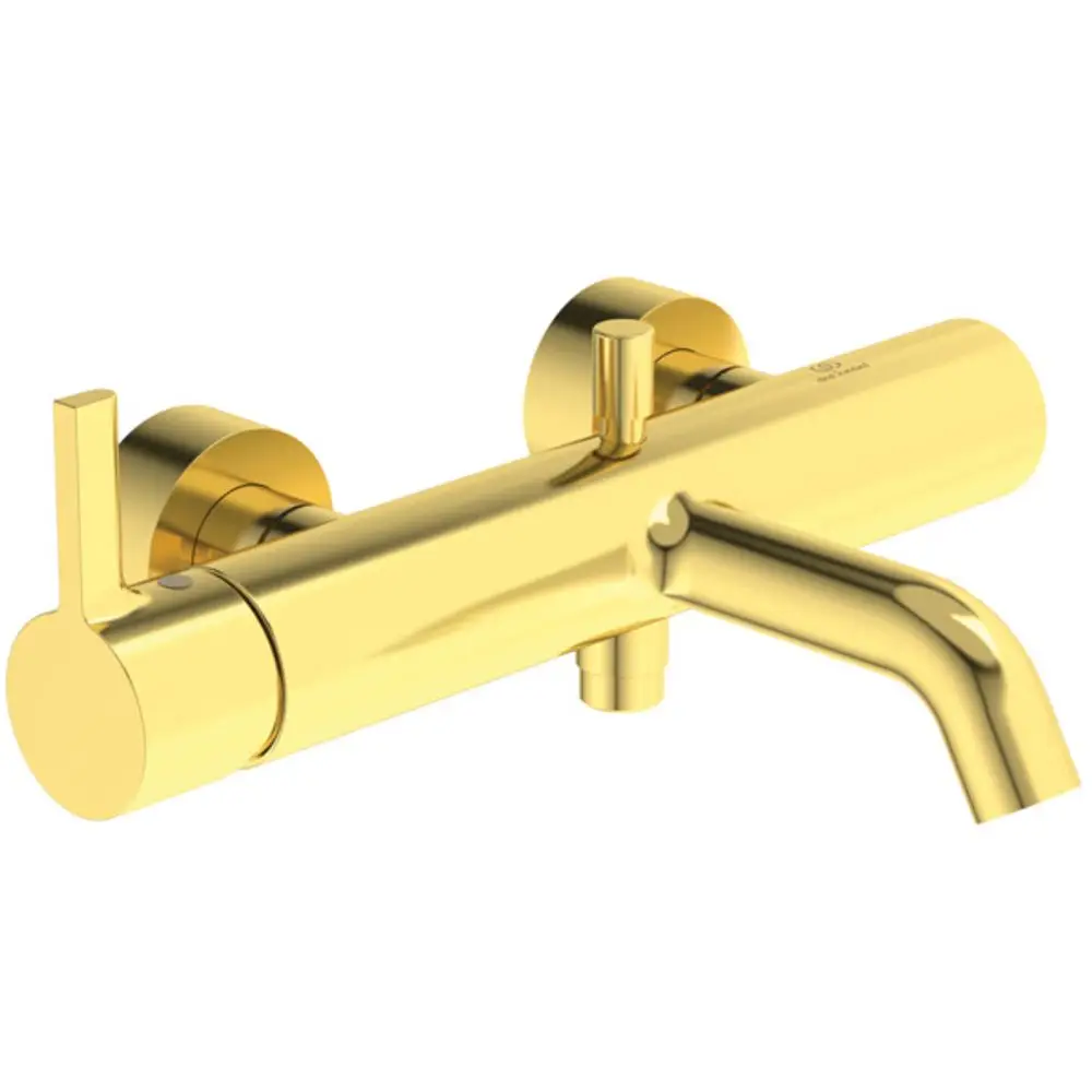Wandmontierte Mischbatterie in goldener Ausführung von Ideal Standard mit zwei Steuerknöpfen und einer Auslauföffnung. Eignet sich für Badezimmeranwendungen.